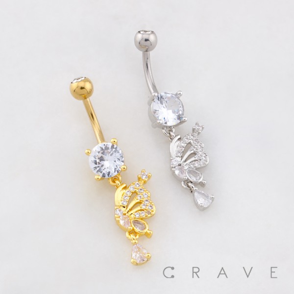 MULTI CZ BEADED BUTTERFLY WING DANGLE TEAR DROP BELLY BUTTON NAVEL RING 316L SURGICAL STEEL